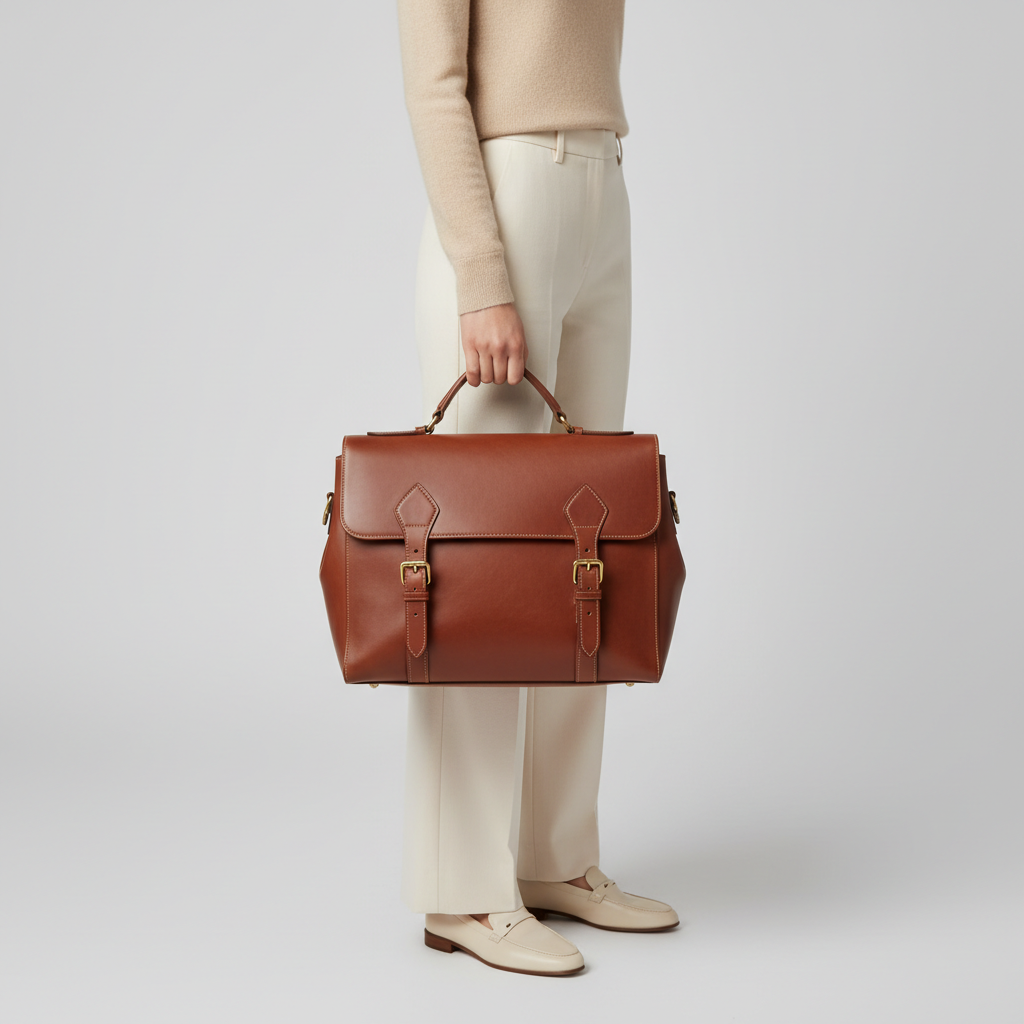 Female model carrying Vintage Satchel in Chocolate Brown