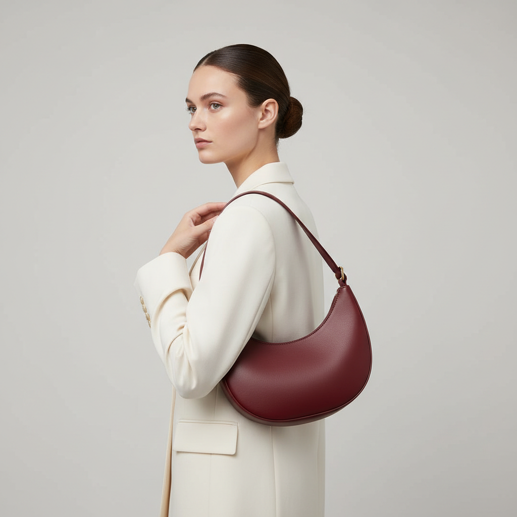 Elegant female model carrying Serene Curve curved shoulder bag in Burgundy Red