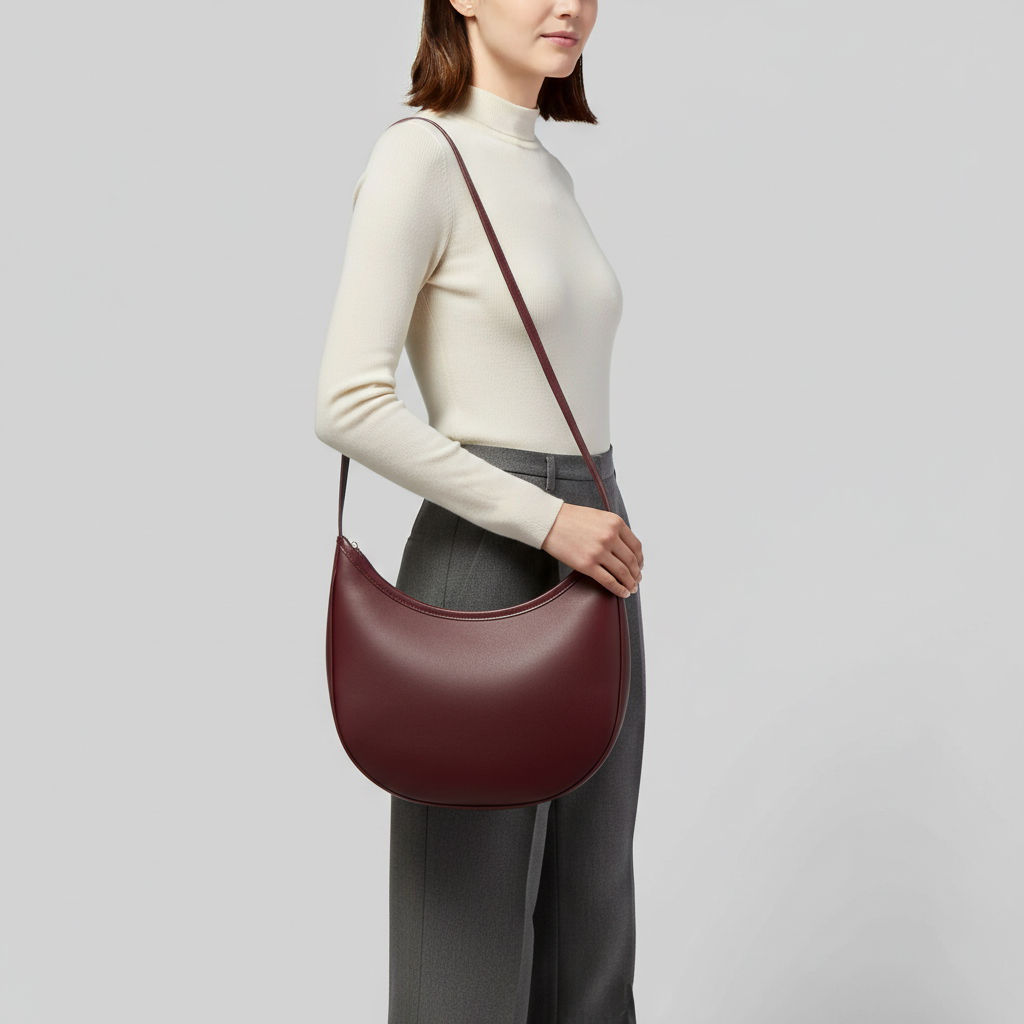 Graceful Gather crescent shoulder bag in Ruby Wine – female model carrying bag