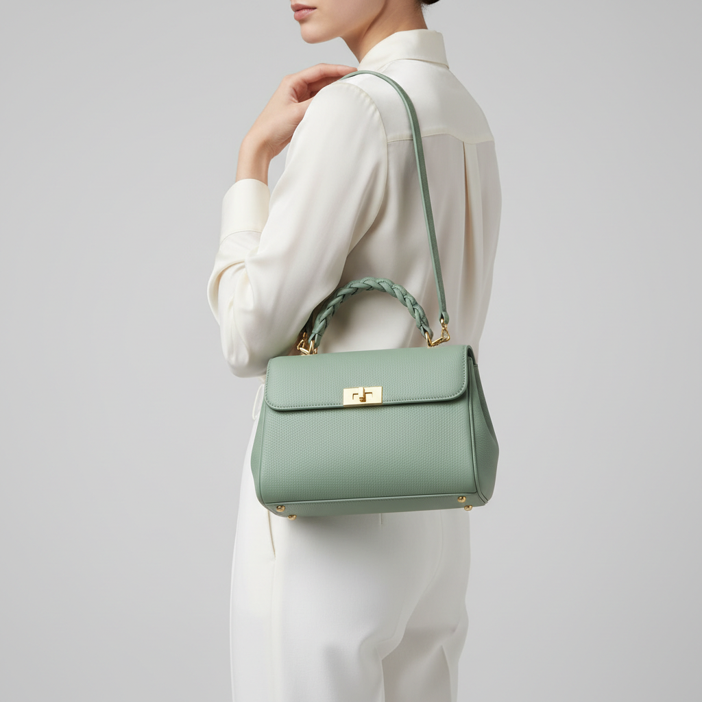 Elegant female model carrying Timeless Charm luxury handbag in Pistachio Green