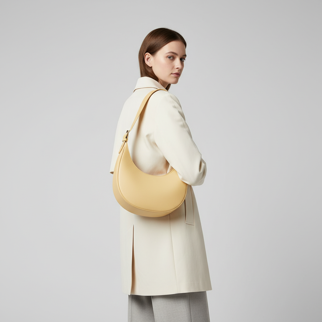 Graceful Gather crescent shoulder bag in Butter Yellow – female model carrying bag