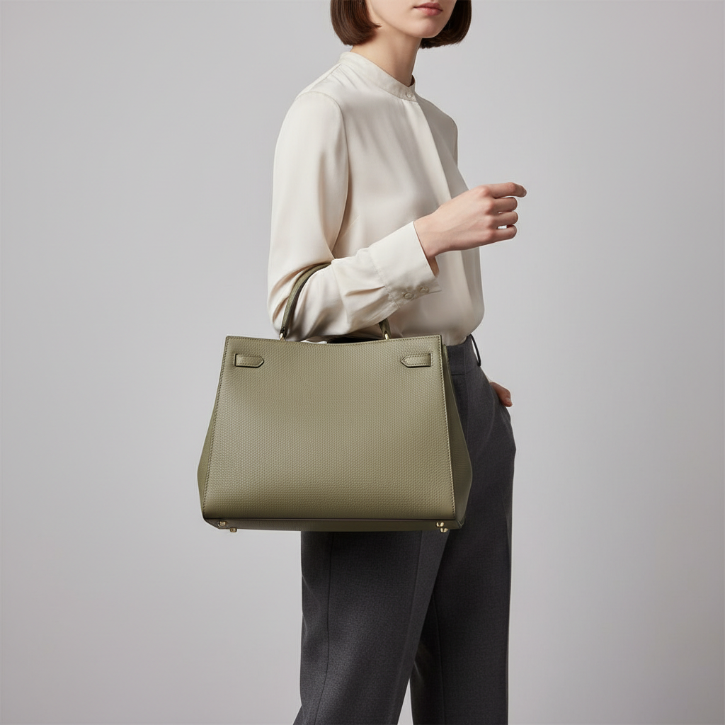 Refined Elegance luxury structured handbag in Sage Olive – female model carrying bag