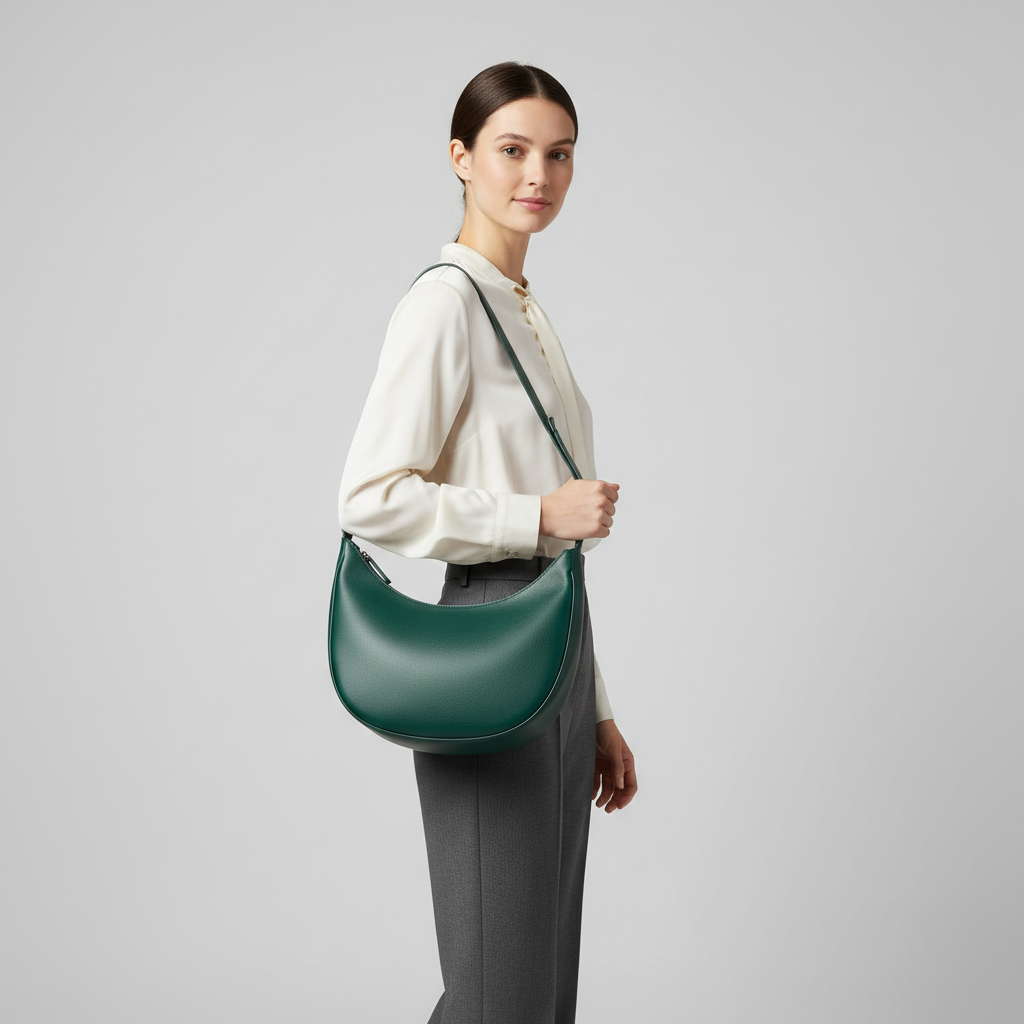 Graceful Gather crescent shoulder bag in Forest Emerald – female model carrying bag