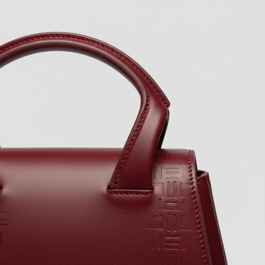 Contemporary Bloom luxury top handle handbag in Ruby Wine - leather detail close-up
