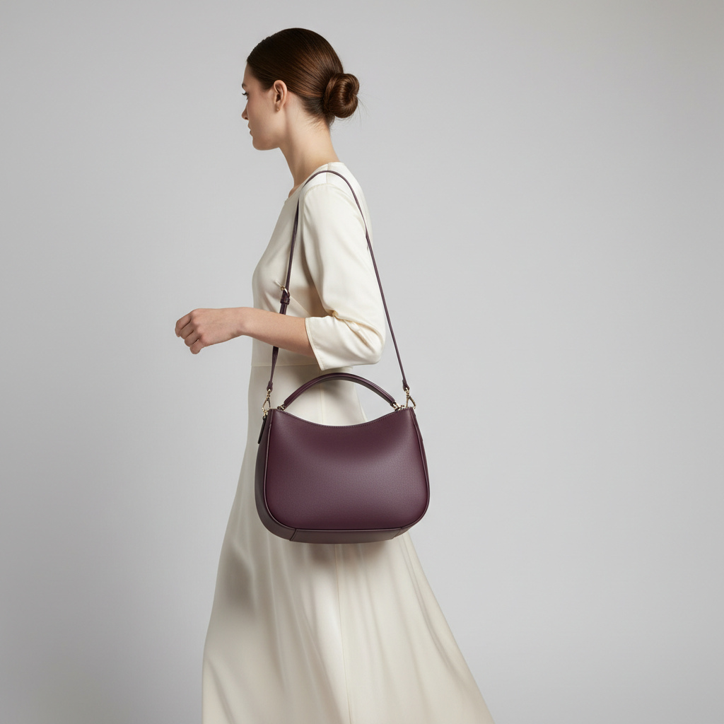 Heritage Curve luxury curved handbag in Deep Plum – female model carrying bag