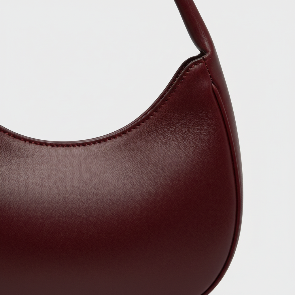 Serene Curve curved shoulder bag in Burgundy Red - leather detail close-up