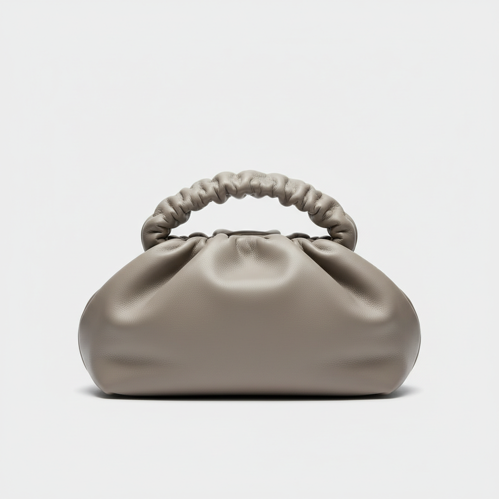 Blossom Pouch gathered leather bag in Stone Grey - front view