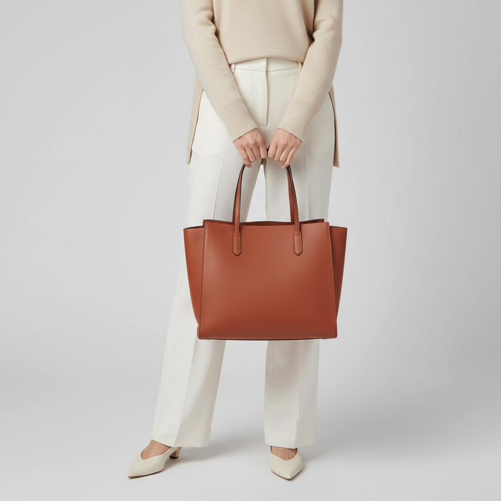 Female model carrying Grace Tote in Terracotta Rust