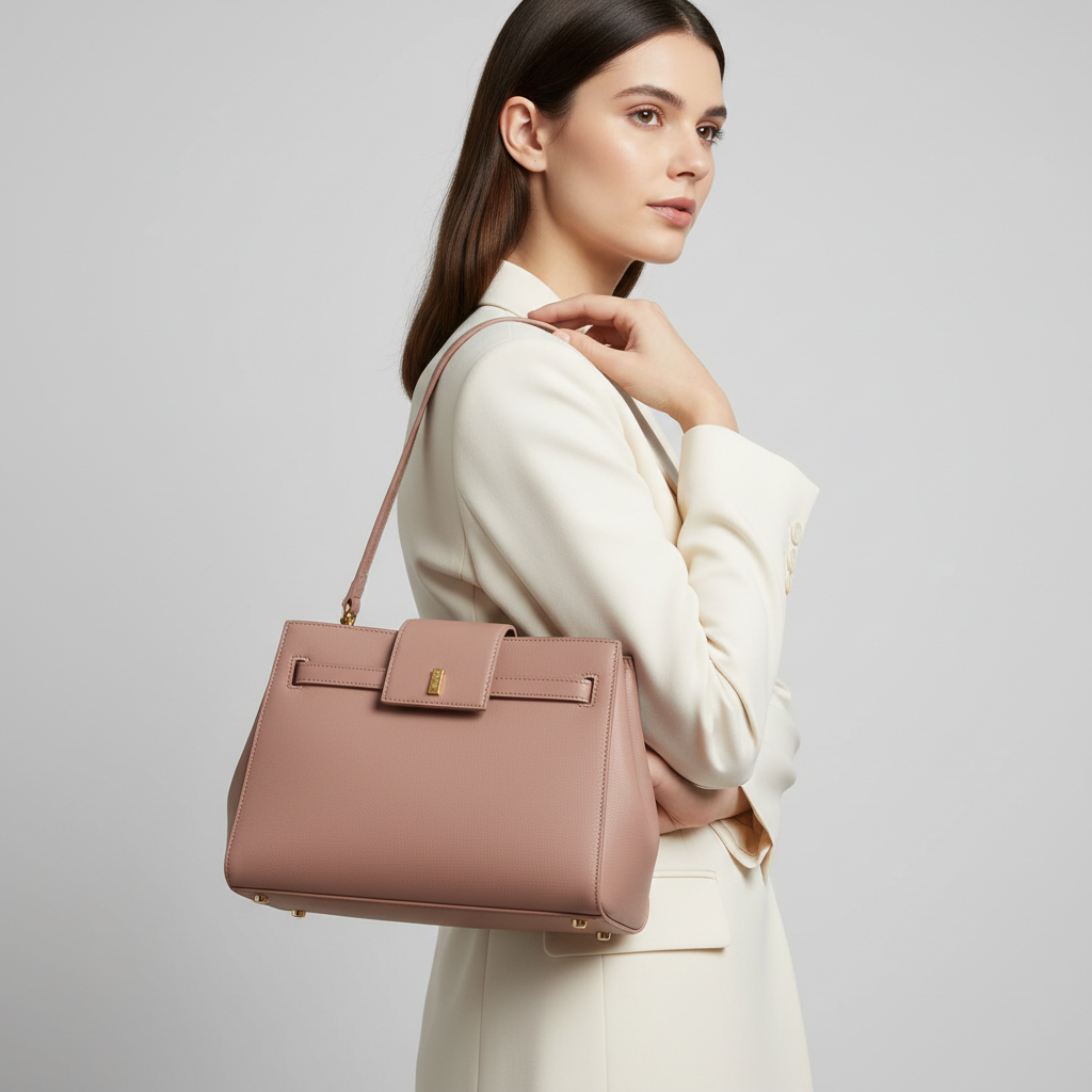 Modern Aura luxury handbag in Rose Mauve – female model carrying bag