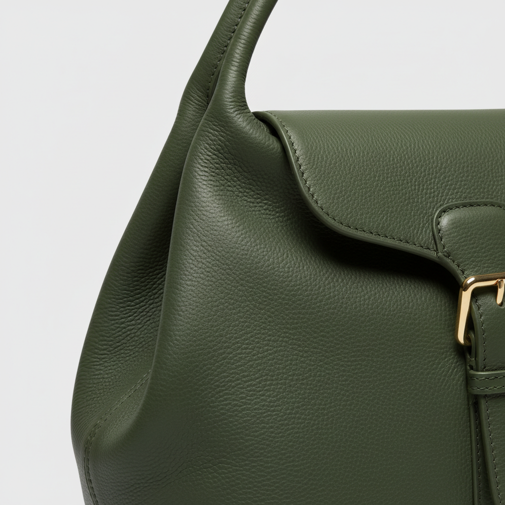 Graceful Carry premium leather tote bag in Forest Olive - leather detail close-up