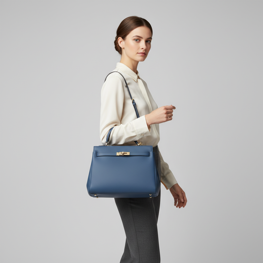 Eternal Grace luxury handbag in Ocean Blue – female model carrying bag