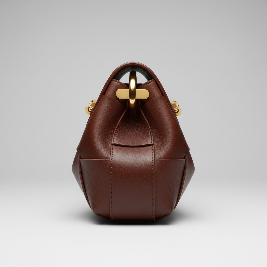 Classic Carry sculptural leather handbag in Chocolate Brown - leather detail close-up