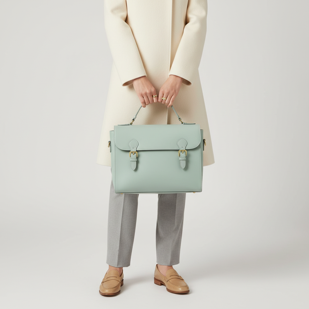 Female model carrying Vintage Satchel in Aqua Mist