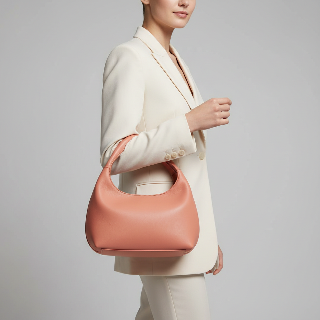 Elegant female model carrying Classic Carry sculptural leather handbag in Coral Peach