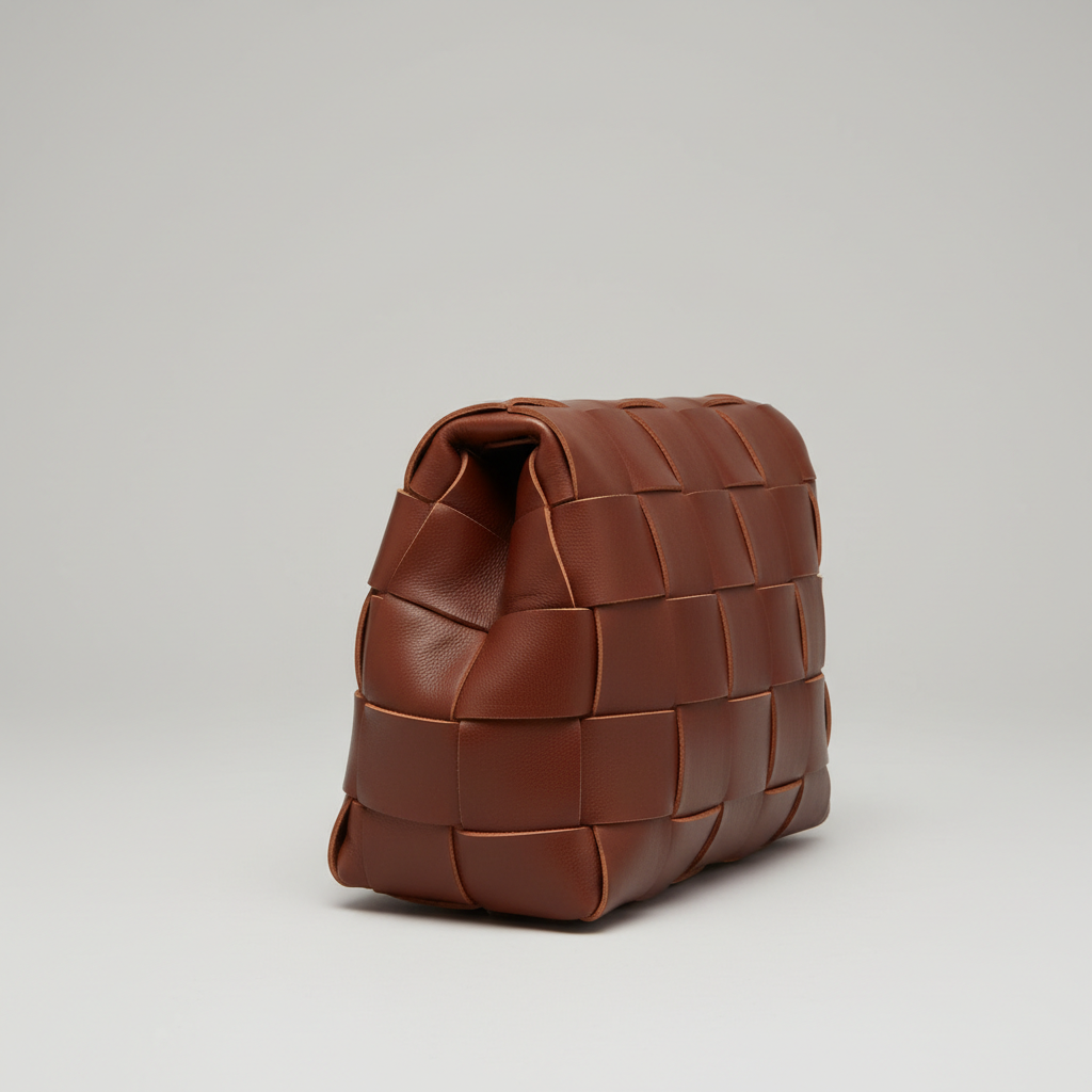 Stylish Fold woven leather handbag in Chocolate Brown – side view