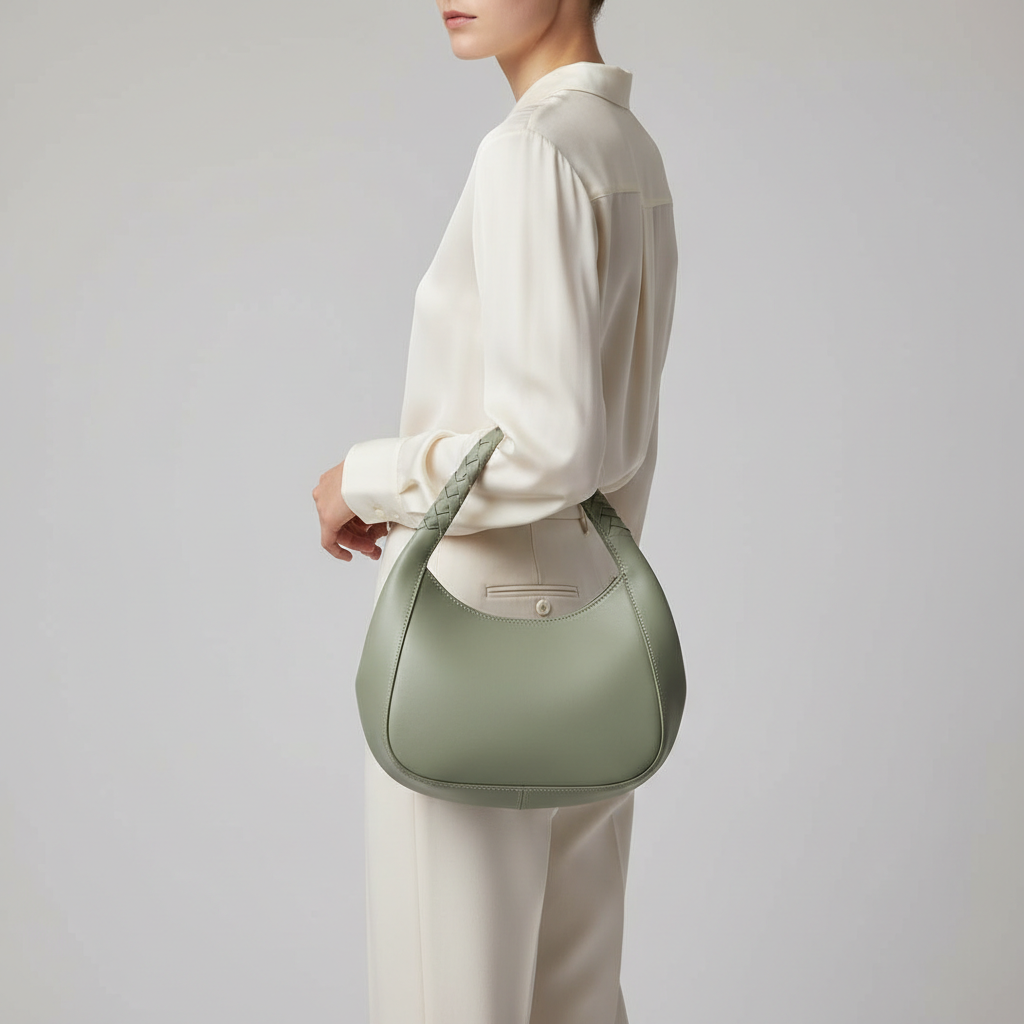 Elegant female model carrying Classic Carry sculptural leather handbag in Sage Green