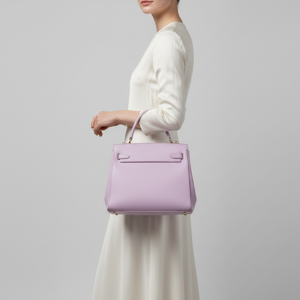 Elegant female model carrying Refined Aura premium handbag in Soft Lilac