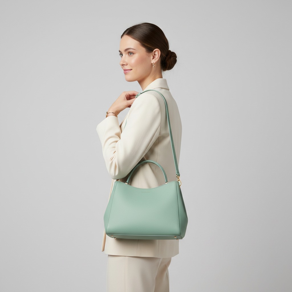 Modern Aura luxury handbag in Mint Green – female model carrying bag