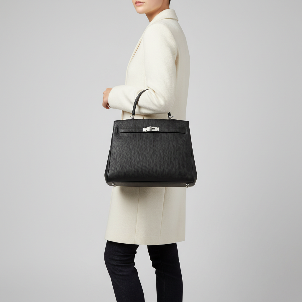 Refined Elegance luxury structured handbag in Midnight Black – female model carrying bag