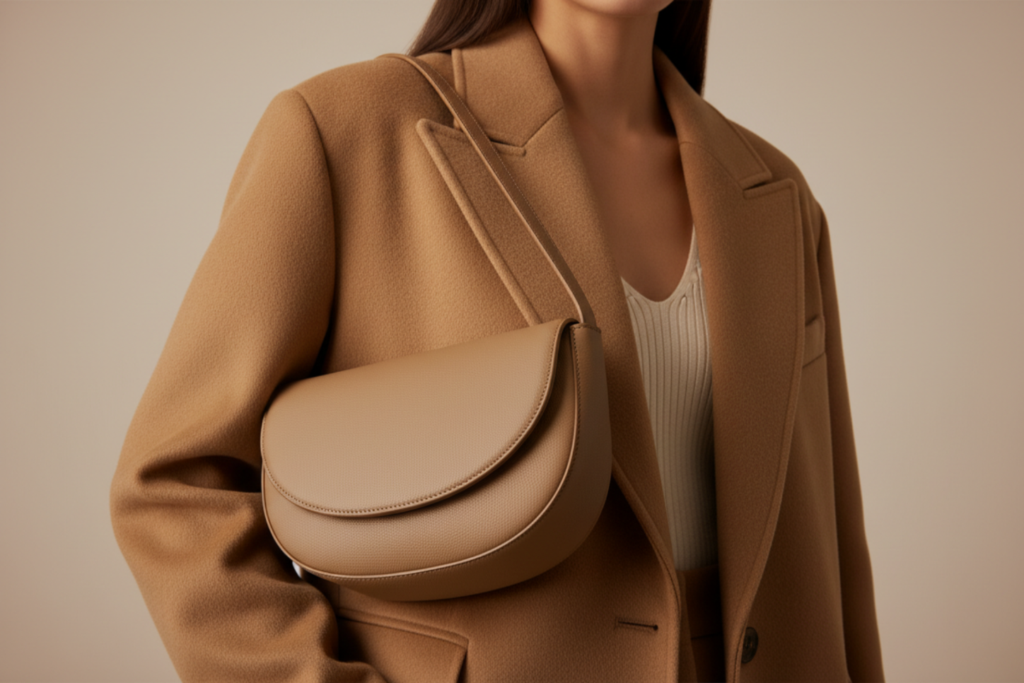 Luxury Beige Crescent Shoulder Bag Editorial
