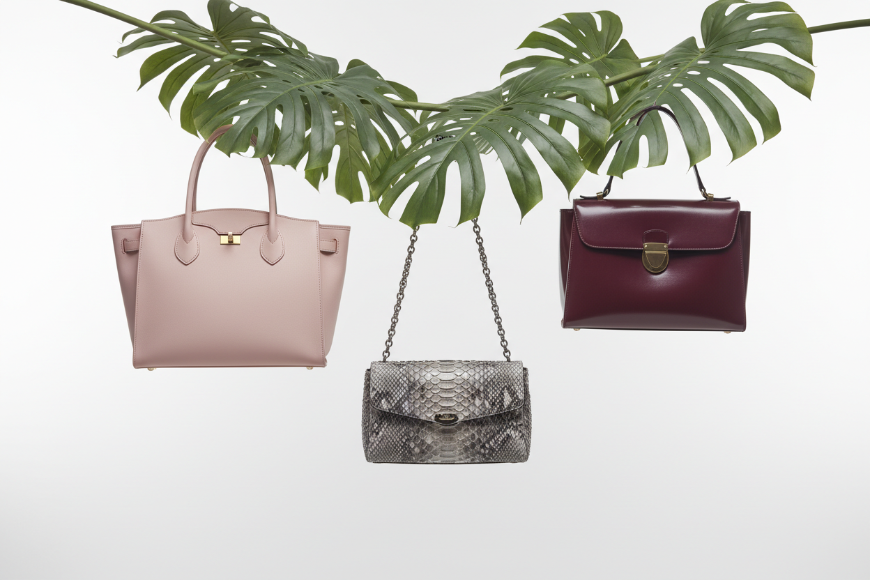 Luxury Handbags Hanging from Tropical Leaves