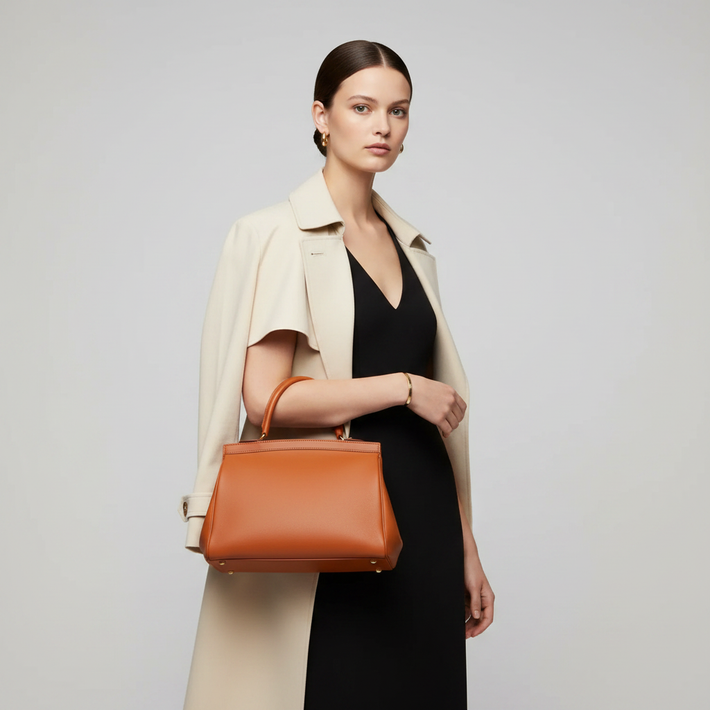 Tan Structured Top Handle Bag with Model